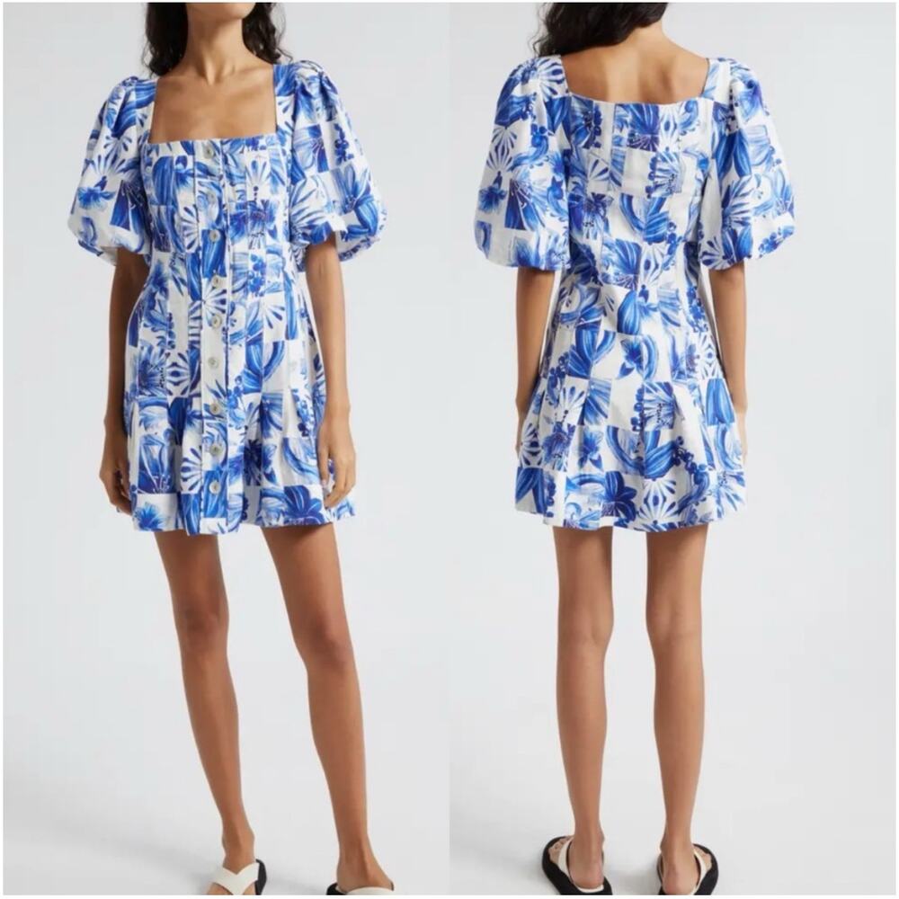 FARM Rio Garden Tiles Linen Blend Mini Dress Blue Puff Sleeve Size Medium NWT